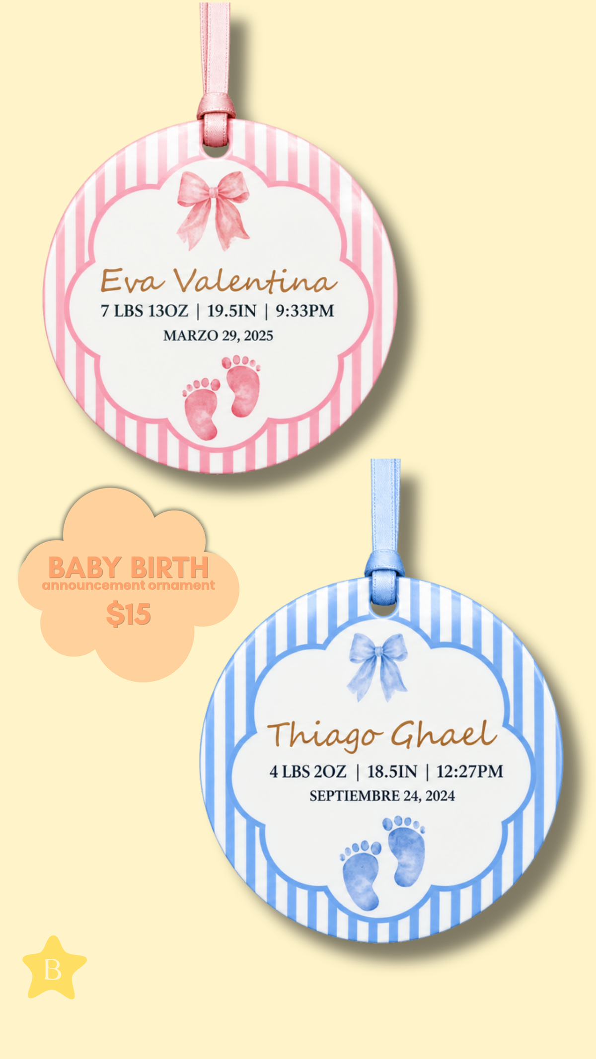 BABY BIRTH ANNOUNCEMENT ORNAMENT
